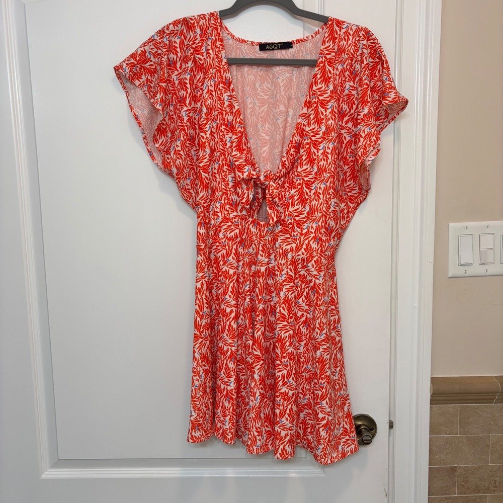 AGQT Women Orange White Leaf Print‎ Tie Front Cutout Romper Flutter Sleeve Large